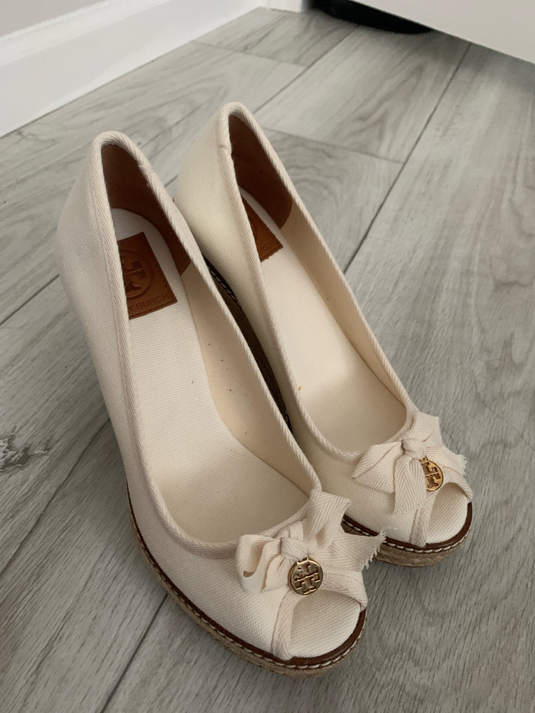 Tory Burch Ivory Canvas Peep-Toe Wedge Espadrilles